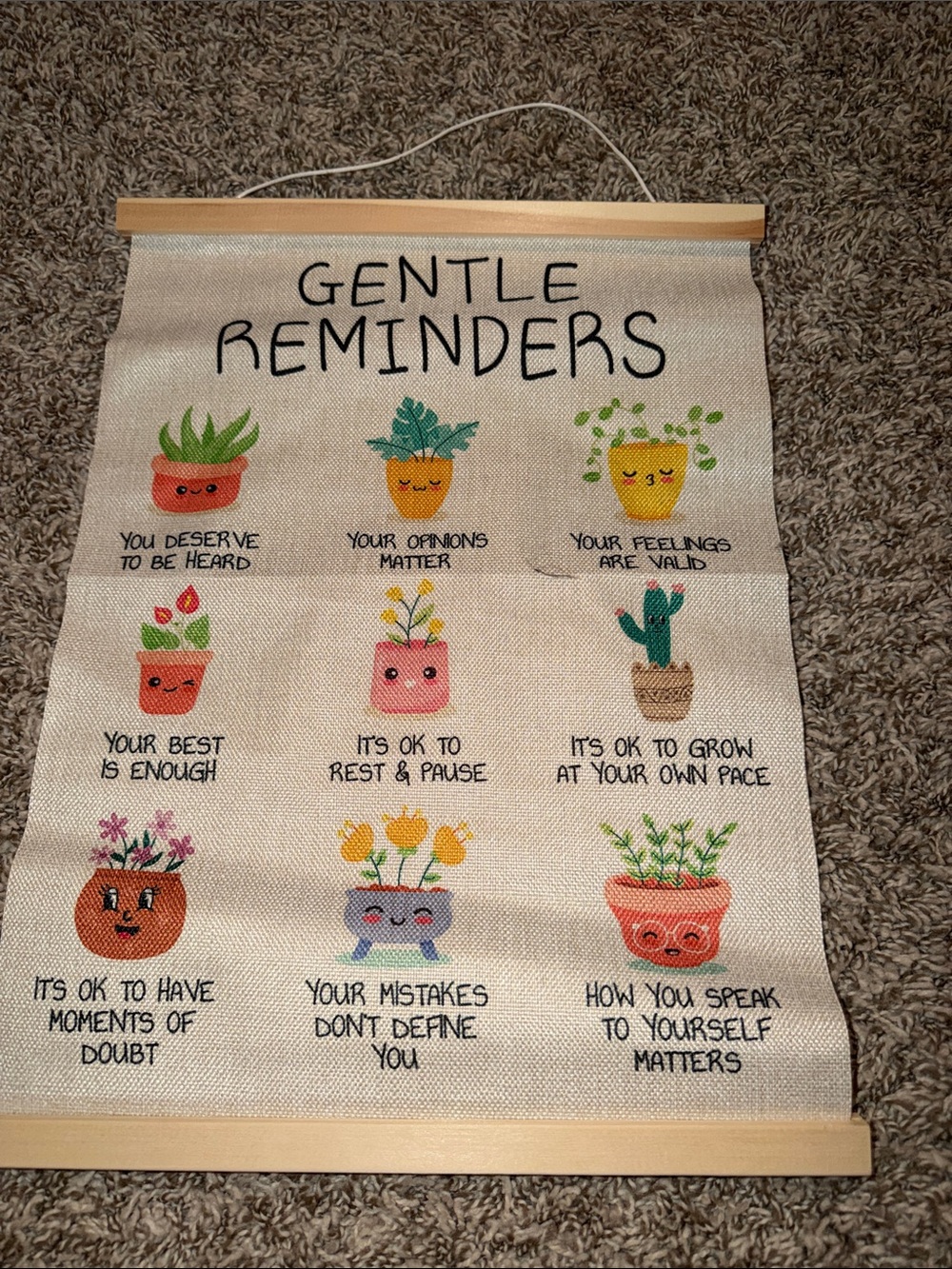 Gentle Reminders Wall Hanging - Neutral Canvas with Colorful Plant Pots